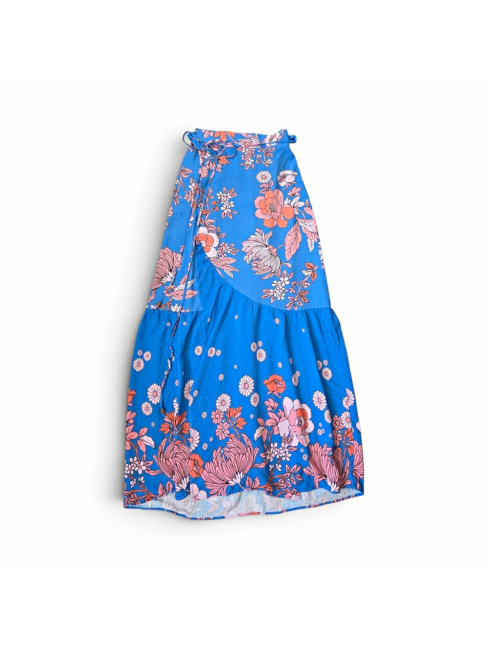 Maaji Blue Pink Floral A-Line Midi Skirt Pull On Elastic Waist Size M wrap skirt